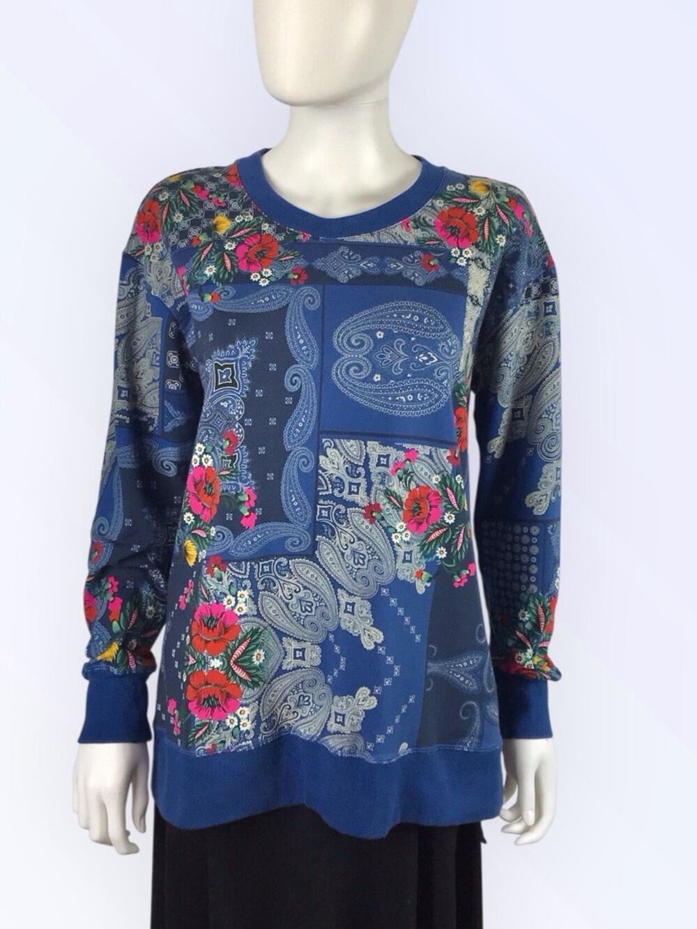 Johnny Was Teal Blue & Pink Floral & Paisley Floral Patch Sweatshirt
